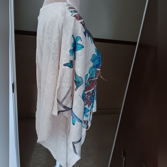 Unbranded~Blue & Brown Floral Butterfly Top Bat Wing Sleeves Feather Beaded Tie - Picture 13 of 15